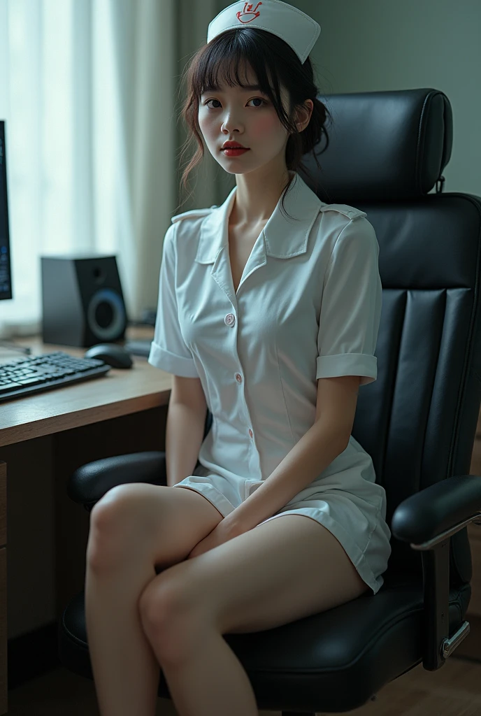 eula, 1 chica, solo, ((camisa blanca)), black muslos, senos, escote, uniforme, escritorio background, Falda negra, falda plegada, escritorio, pelo entre los ojos, large senos, pelo largo, mirando al espectador, pelo azul, short blue nails, solo, muslos, muslos, pelo largo, ((obra de arte)), sentado, silla, mesa, computer on mesa, Insignia, id tag, interior, pinza de pelo dorada, rubor, pose sexy, Sonrisa,