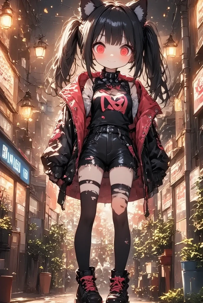 masterpiece, solo, girl\(cute, kawaii, *********,evil smile,black hair,long hair,twin tails hair,pale skin, skin color blue, red eyes, eyes shining,big eyes,breast,punk fashion,ripped clothes,tight tube top,tight hot pants,stomach shown,ripped black short jacket,fluffy black cat-ear,dynamic pose,spiral eyes,bang\),detailed illustration, long eyelashes, best quality, sunny ,dramatic portrait, country road, narure, bright image,cinematic lighting, bokeh , blurry background, backlit, film camera effect, kawaii anime, intricate artwork, beautiful composition, lens flare, realistic anime background, hdr, 16k, ultra aesthetic illustration,
