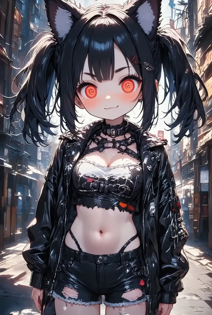 masterpiece, solo, girl\(cute, kawaii, *********,evil smile,black hair,long hair,twin tails hair,pale skin, skin color blue, red eyes, eyes shining,big eyes,breast,punk fashion,ripped clothes,tight tube top,tight hot pants,stomach shown,ripped black short jacket,fluffy black cat-ear,dynamic pose,spiral eyes,bang\),detailed illustration, long eyelashes, best quality, sunny ,dramatic portrait, country road, narure, bright image,cinematic lighting, bokeh , blurry background, backlit, film camera effect, kawaii anime, intricate artwork, beautiful composition, lens flare, realistic anime background, hdr, 16k, ultra aesthetic illustration,
