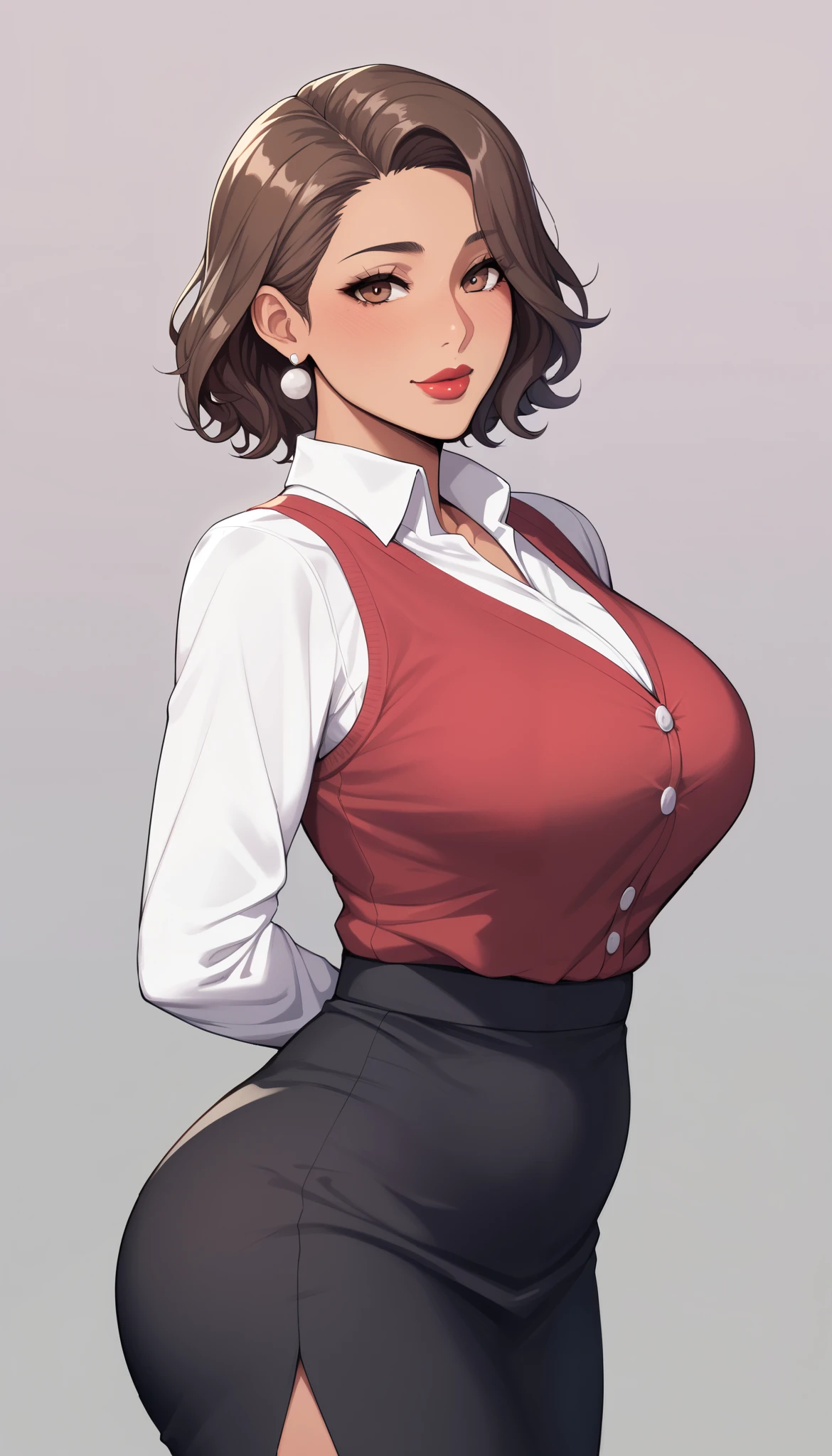 Girl, brown hair, formal business suit, yellow tie, very short red skirt, big breasts