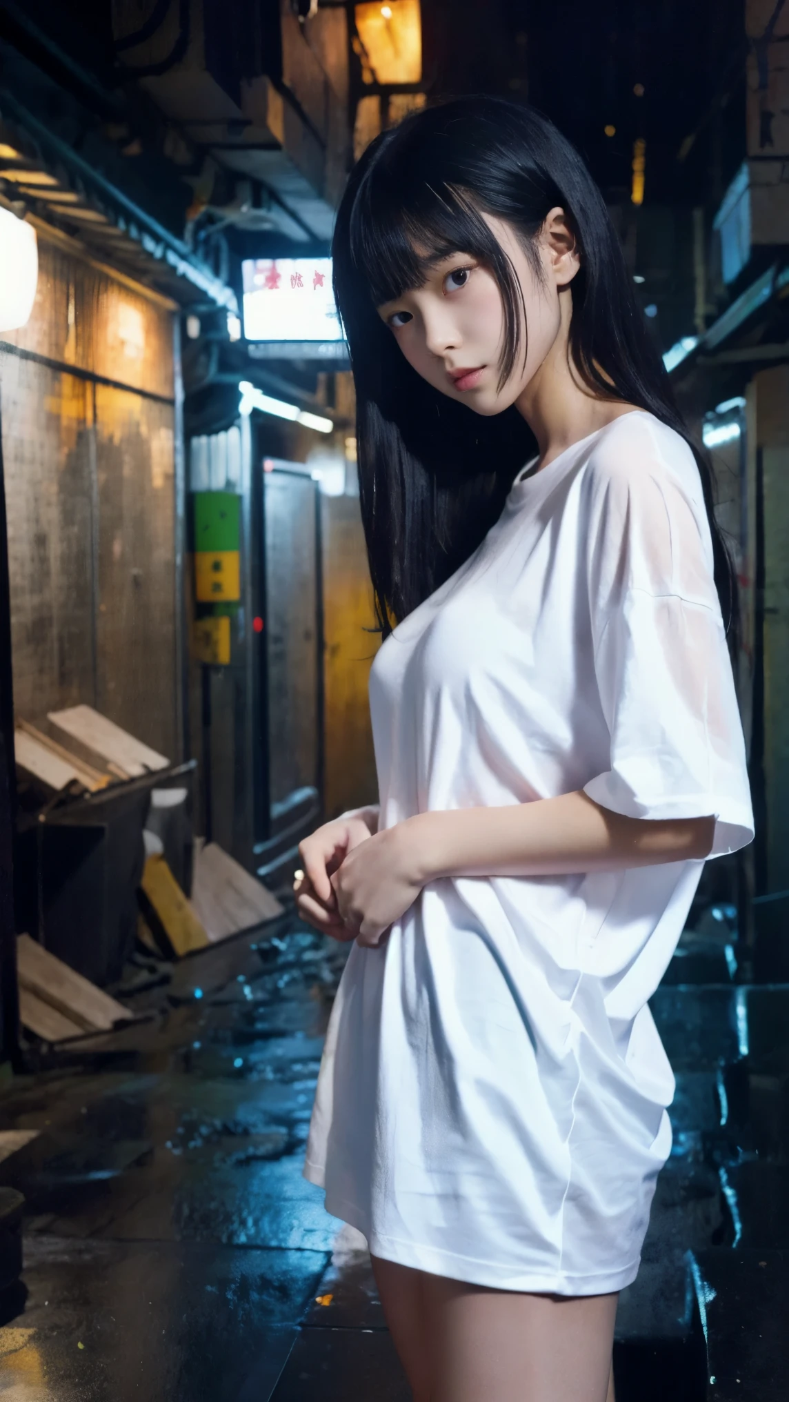 (((nsfw, 16k, 8K, best quality, ultra realistic, ultra-high resolution, raw photo, professional photography, depth of fields, portrait, masterpiece, award-winning works))), (((perfect anatomy, perfect face, perfect hands, perfect fingers, perfect body))), BREAK,
one Japanese girl, 15-year-old, height 140cm, ((cute)), ((super long black hair)), blunt bangs, wet hair, silky hair, (baby face), well-groomed face, looking at viewer, (annoyed), natural makeup, blush, highly detailed face, BREAK,
(oversized transparent white t-shirt:1.5), (wet torn dirty shirt), (fair-skinned:1.3), ((glowing skin:1.3)), BREAK,
((soaking wet skin)), (huge breasts:1.3), huge ass, (chubby), BREAK,
(dynamic Pose:1.3), random gravure pose, BREAK,
(dynamic Angle:1.3), ((Kowloon walled city, back alley, heavy rain, midnight, darkness, rim lighting,