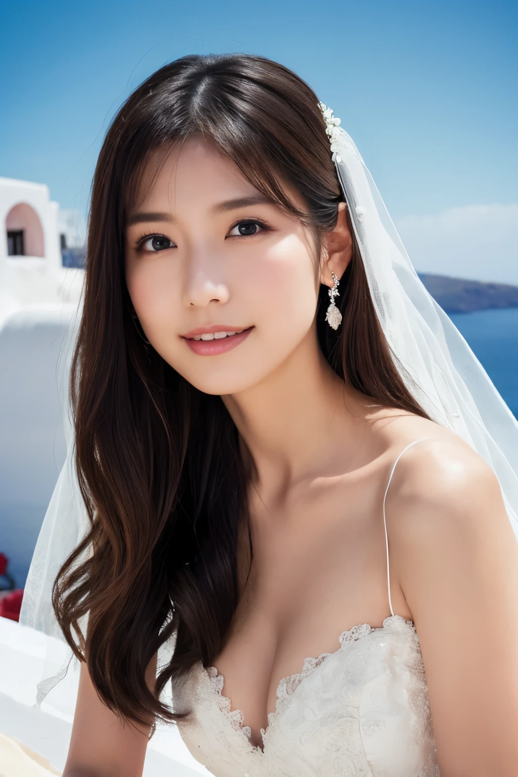 Beautiful 25 year old woman。She is wearing a summer wedding dress. She is smiling on illuminated by the evening church lights . romantic sunset. her dark brown hair. High resolution、masterpiece、highest quality、頭w:1.0、((Hasselblad Photos))、fine skin、(movie lighting)、clavicle . full body picture.
