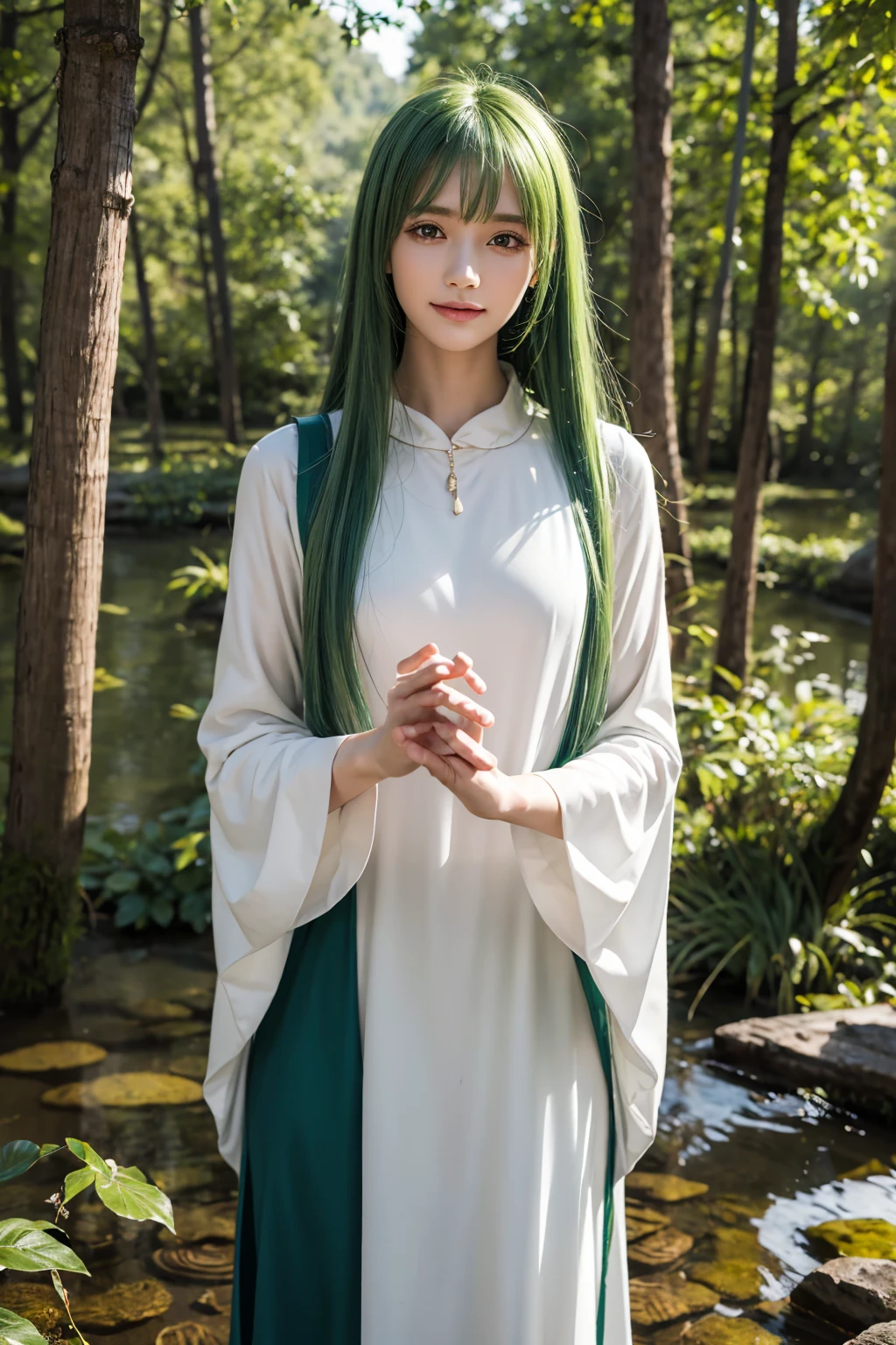 masterpiece,  top quality, Enkidu, White,  upper body,  gentle smile , standing,  Watch Viewers , forest ,one piece of cloth, green hair, (forward hands)