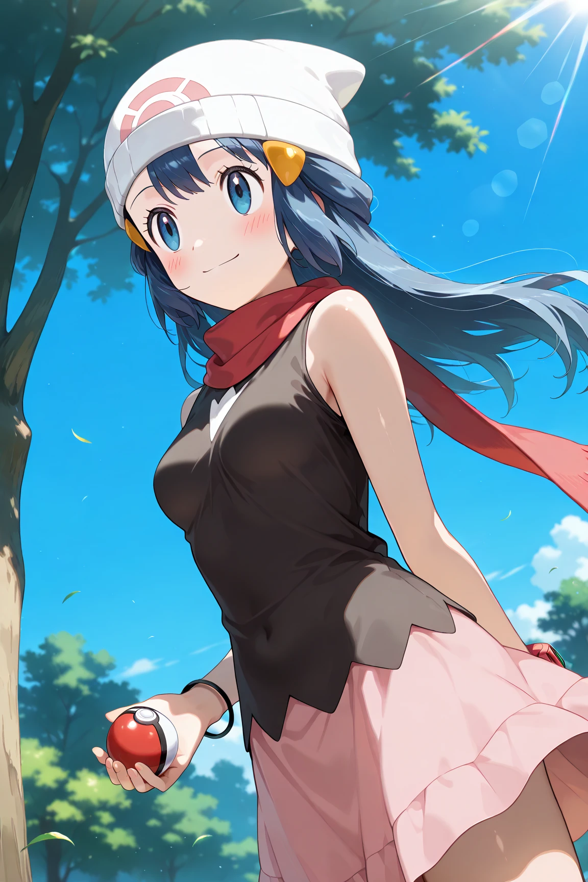 score_9, score_8_up, score_7_up, score_6_up, score_5_up, score_4_up, source_anime, aadawn, long hair, blue hair, beanie, white headwear, hair ornament, blue eyes, breasts, red scarf, sleeveless shirt, black shirt, wristwatch, bracelet, pink skirt, standing, outdoors, filed, flower, tree, holding poke ball, smile,

(realistic skin0.8),
Shiny, skin,

(blush:1.3), smile,
cinematic, dramatic, blurry background, depth of field, 
1girl, solo, joyful, smile, dynamic pose, dynamic angle, from below, 
outdoors,  nature,
portrait,
sunny,
blue sky,
sunlight,
wind,