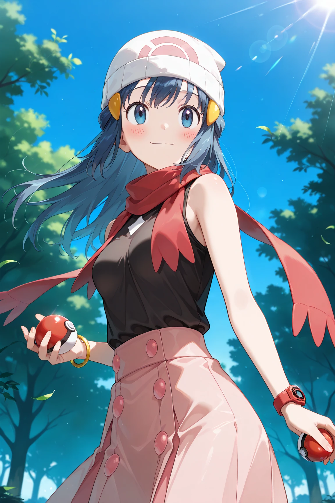 score_9, score_8_up, score_7_up, score_6_up, score_5_up, score_4_up, source_anime, aadawn, long hair, blue hair, beanie, white headwear, hair ornament, blue eyes, breasts, red scarf, sleeveless shirt, black shirt, wristwatch, bracelet, pink skirt, standing, outdoors, filed, flower, tree, holding poke ball, smile,

(realistic skin0.8),
Shiny, skin,

(blush:1.3), smile,
cinematic, dramatic, blurry background, depth of field, 
1girl, solo, joyful, smile, dynamic pose, dynamic angle, from below, 
outdoors,  nature,
portrait,
sunny,
blue sky,
sunlight,
wind,