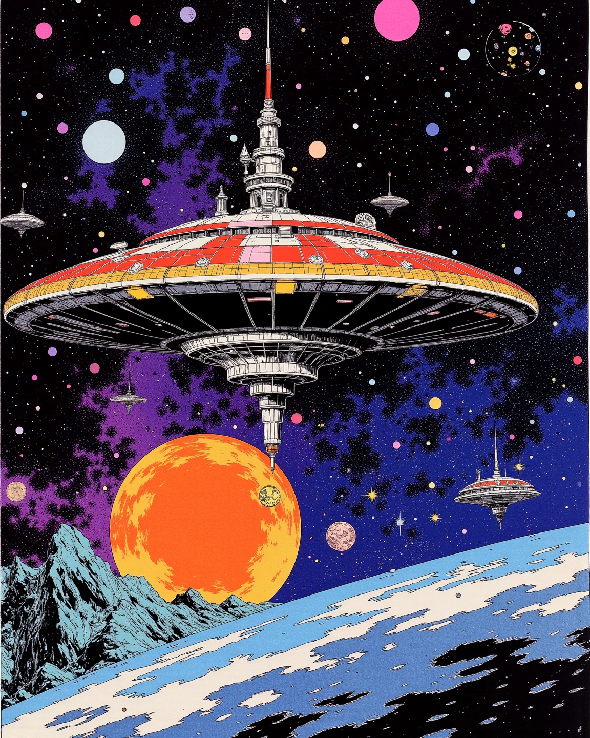 UFO-shaped space colony flying over a planet with universe, sci - fi art, Fascinating colorful universe, Shining shooting star, 
in style by Josan Gonzales, ink splashes, Iridescent Ink Flow In universe, by Peter Elson, in peter elson color scheme, roger dean art, in style by tim white art.  
Comic book style, ff-fbs