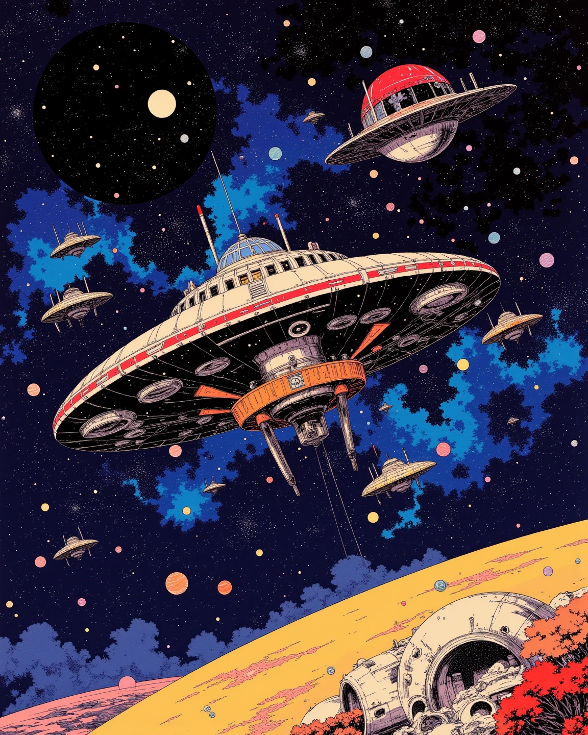 UFO-shaped space colony flying over a planet with universe, sci - fi art, Fascinating colorful universe, Shining shooting star, 
in style by Josan Gonzales, ink splashes, Iridescent Ink Flow In universe, by Peter Elson, in peter elson color scheme, roger dean art, in style by tim white art.  
Comic book style, ff-fbs