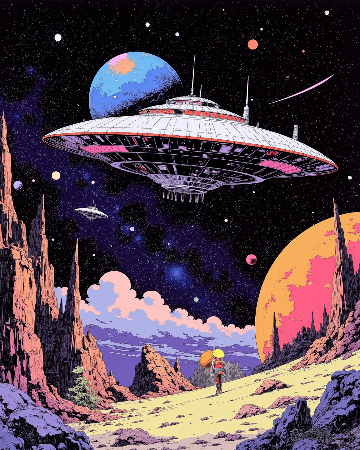 UFO-shaped space colony flying over a planet with universe, sci - fi art, Fascinating colorful universe, Shining shooting star, 
in style by Josan Gonzales, ink splashes, Iridescent Ink Flow In universe, by Peter Elson, in peter elson color scheme, roger dean art, in style by tim white art.  
Comic book style, ff-fbs