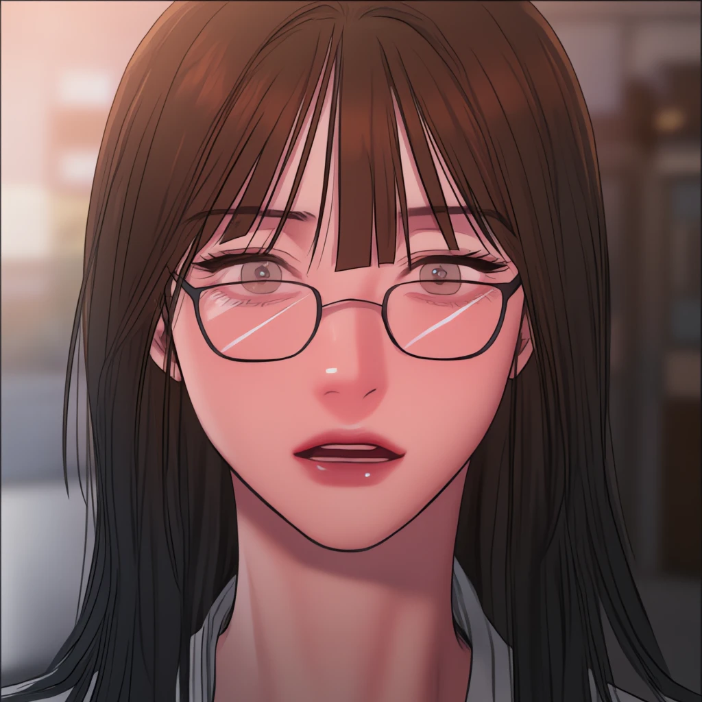 8k, foto RAW, quality: 1.25), (lip gloss, eyelash, eyeglasses, glowing face, grey eyes, brown hair, white Skin, Best quality,  ultra high resolution,  Depth of field ,  chromatic aberration , caustics, Moisturized lips, Ultra-trimmed face,  Detailed Radiant Eyes,[1mulher,dark_flayed,dress, looking at the spectator, standing, separate_lips, brown_Hair, long_Hair, straight_hair, bangs, forehead, maduro_female, thin_Waist, dark_flayed_female, white skin color,standing