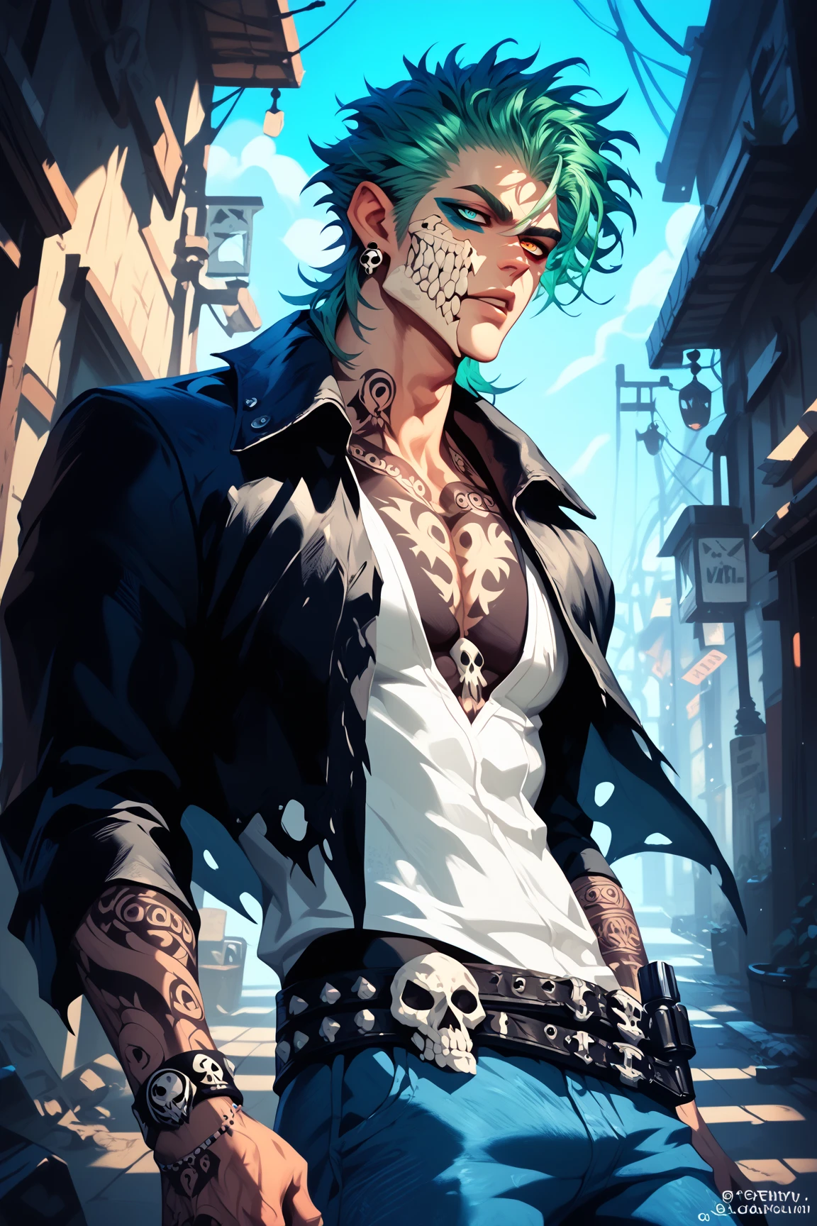 high quality, detailed, detailed eyes, detailed face, male, solo male, Messy hair, (green Hair), Heterochromia ((left eye Dark Blue, Right eye White)), black jacket, white tanktop, Blue Jeans, tattoos, ((skulls and demon tattoos)), in an alleyway, standing pose, calm pose, gun, calm stare,