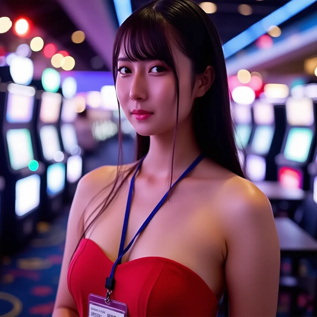 Highest quality, Masterpiece, ultra high definition, (realistic: 1.4), raw image, 1 woman, dark hair, shiny skin, incredible light, full body, red dress, (In casinos, she is playing Modern Slot Machines )