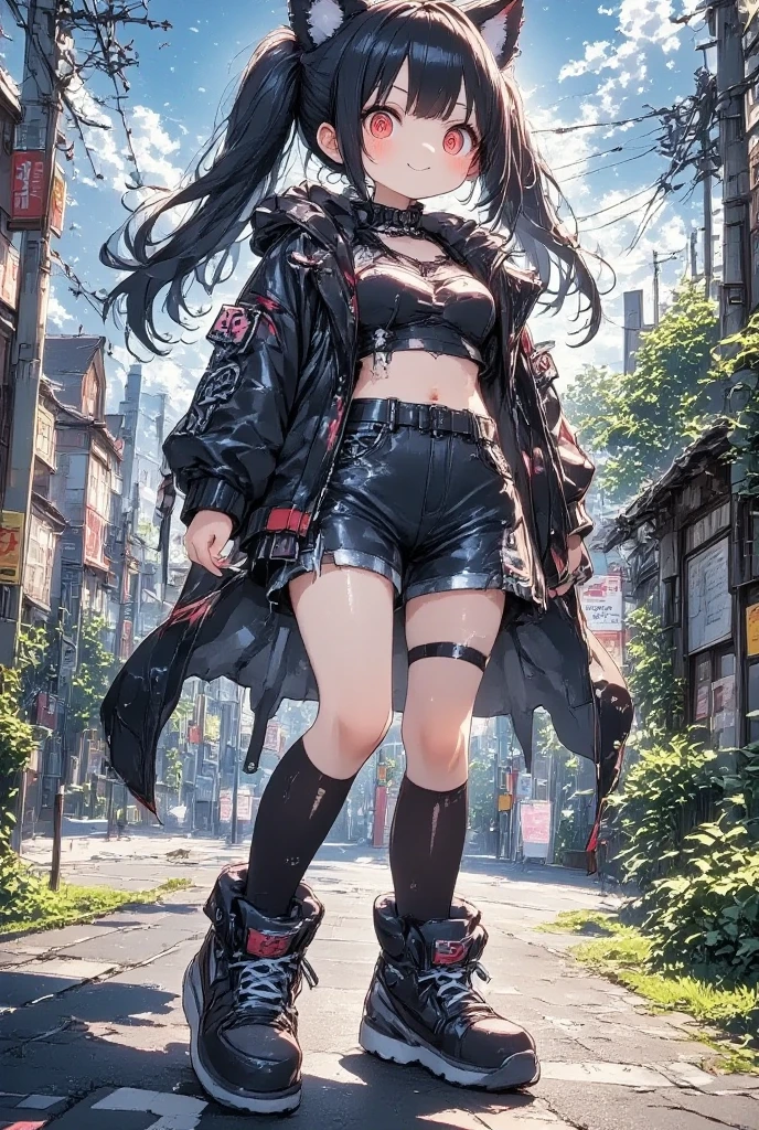 masterpiece, solo, girl\(cute, kawaii, *********,evil smile,black hair,long hair,twin tails hair,pale skin, skin color blue, red eyes, eyes shining,big eyes,breast,punk fashion,ripped clothes,tight tube top,tight hot pants,stomach shown,ripped black short jacket,fluffy black cat-ear,dynamic pose,spiral eyes,bang\),detailed illustration, long eyelashes, best quality, sunny ,dramatic portrait, country road, narure, bright image,cinematic lighting, bokeh , blurry background, backlit, film camera effect, kawaii anime, intricate artwork, beautiful composition, lens flare, realistic anime background, hdr, 16k, ultra aesthetic illustration,
