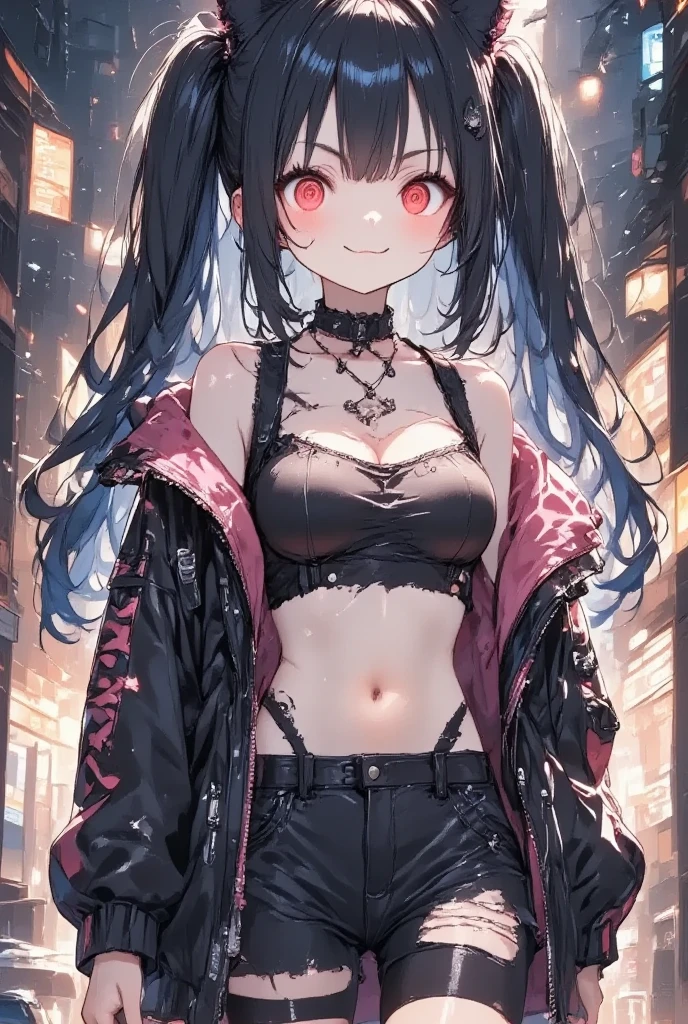 masterpiece, solo, girl\(cute, kawaii, *********,evil smile,black hair,long hair,twin tails hair,pale skin, skin color blue, red eyes, eyes shining,big eyes,breast,punk fashion,ripped clothes,tight tube top,tight hot pants,stomach shown,ripped black short jacket,fluffy black cat-ear,dynamic pose,spiral eyes,bang\),detailed illustration, long eyelashes, best quality, sunny ,dramatic portrait, country road, narure, bright image,cinematic lighting, bokeh , blurry background, backlit, film camera effect, kawaii anime, intricate artwork, beautiful composition, lens flare, realistic anime background, hdr, 16k, ultra aesthetic illustration,
