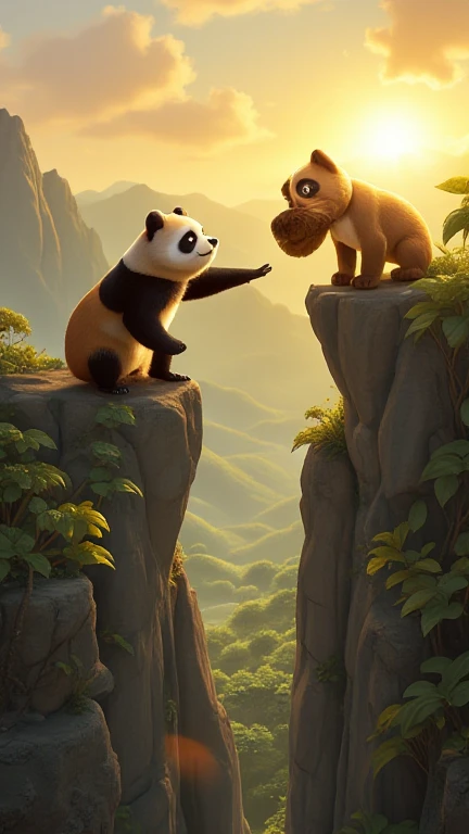 A baby panda with soft, round cheeks, big kind eyes, and a plump body stretches its short, stubby arms toward a small, floppy-eared puppy. The puppy, its brown and white fur ruffled with fear, clings to the edge of a steep rocky cliff, its wide, innocent eyes filled with desperation. The golden sunrise casts warm light over the lush green mountains in the background, adding a hopeful glow to the scene.