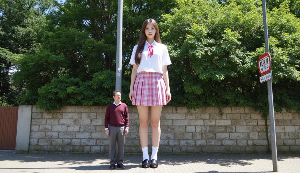 A sunny outdoor urban scene featuring a massive, towering schoolgirl standing on a sidewalk next to a much smaller man. The giantess has a youthful and elegant appearance, with long brown hair cascading down her shoulders. She is dressed in a crisp white school uniform shirt adorned with a pink ribbon, paired with a pink and white plaid pleated skirt. Her proportions are strikingly exaggerated, with her height being at least five times that of the man, making her loom over him with an almost ethereal presence. She wears black loafers with white socks that reach just below her knees, completing her schoolgirl look.

The much smaller man, standing close to the giantess, is dressed in a burgundy sweater over a white shirt, with dark gray pants. He looks up at her with a curious or admiring gaze, emphasizing the stark height difference between the two. His posture is relaxed, standing confidently despite the overwhelming size of the woman before him.

The background features a stone wall with visible weathering and moss near its base, contrasting with the lush green foliage of trees rising above it. A bus stop sign is positioned near the giantess, further enhancing the sense of scale as the sign barely reaches her knees. The lighting is bright and natural, casting soft shadows and highlighting the details of the characters' clothing and expressions. The perspective is eye-level with the man, emphasizing the towering height of the giantess and creating a sense of awe and wonder.