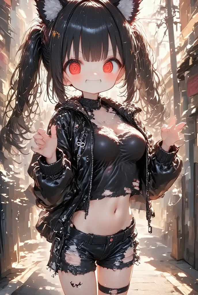 masterpiece, solo, girl\(cute, kawaii, *********,evil smile,black hair,long hair,twin tails hair,pale skin, skin color blue, red eyes, eyes shining,big eyes,breast,punk fashion,ripped clothes,tight tube top,tight hot pants,stomach shown,ripped black short jacket,fluffy black cat-ear,dynamic pose,spiral eyes,bang\),detailed illustration, long eyelashes, best quality, sunny ,dramatic portrait, country road, narure, bright image,cinematic lighting, bokeh , blurry background, backlit, film camera effect, kawaii anime, intricate artwork, beautiful composition, lens flare, realistic anime background, hdr, 16k, ultra aesthetic illustration,
