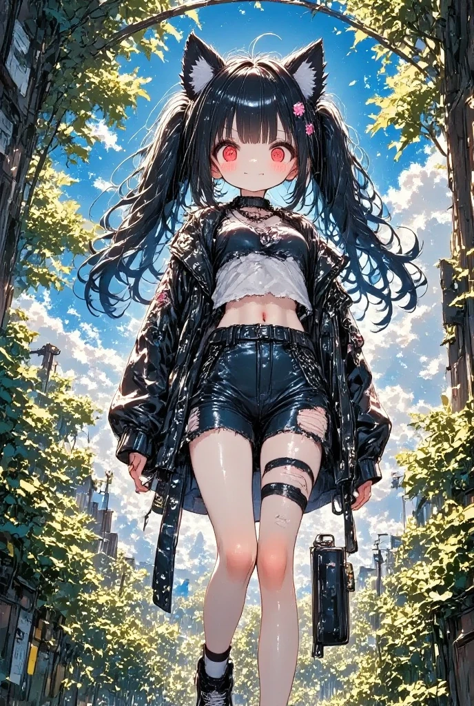 masterpiece, solo, girl\(cute, kawaii, *********,evil smile,black hair,long hair,twin tails hair,pale skin, skin color blue, red eyes, eyes shining,big eyes,breast,punk fashion,ripped clothes,tight tube top,tight hot pants,stomach shown,ripped black short jacket,fluffy black cat-ear,dynamic pose,spiral eyes,bang\),detailed illustration, long eyelashes, best quality, sunny ,dramatic portrait, country road, narure, bright image,cinematic lighting, bokeh , blurry background, backlit, film camera effect, kawaii anime, intricate artwork, beautiful composition, lens flare, realistic anime background, hdr, 16k, ultra aesthetic illustration,