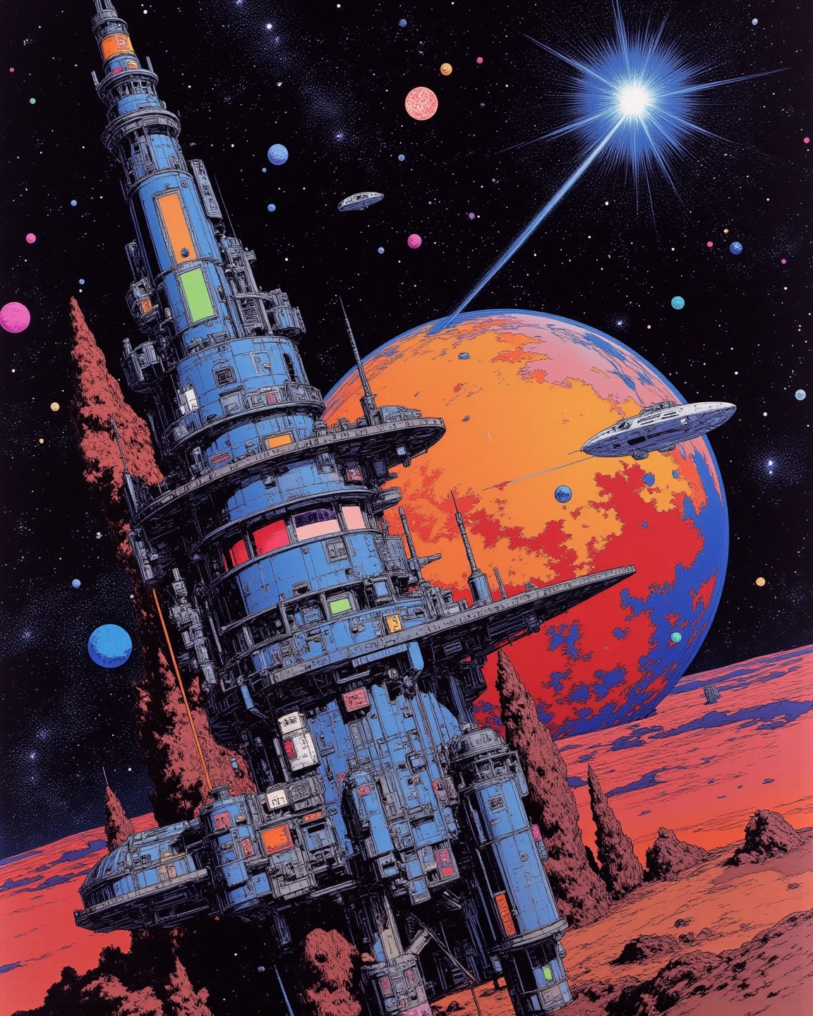 A space colony flying over a planet with universe, sci - fi art, Fascinating colorful universe, Shining shooting star, 
in style by Josan Gonzales, ink splashes, Iridescent Ink Flow In universe, by Peter Elson, in peter elson color scheme, roger dean art, in style by tim white art.  
Comic book style, ff-fbs