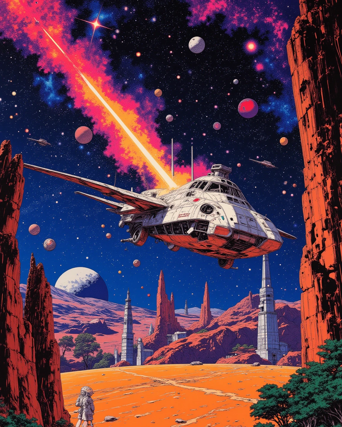 A space colony flying over a planet with universe, sci - fi art, Fascinating colorful universe, Shining shooting star, 
in style by Josan Gonzales, ink splashes, Iridescent Ink Flow In universe, by Peter Elson, in peter elson color scheme, roger dean art, in style by tim white art.  
Comic book style, ff-fbs