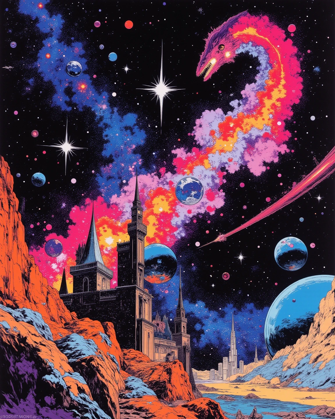 A space colony flying over a planet with universe, sci - fi art, Fascinating colorful universe, Shining shooting star, 
in style by Josan Gonzales, ink splashes, Iridescent Ink Flow In universe, by Peter Elson, in peter elson color scheme, roger dean art, in style by tim white art.  
Comic book style, ff-fbs