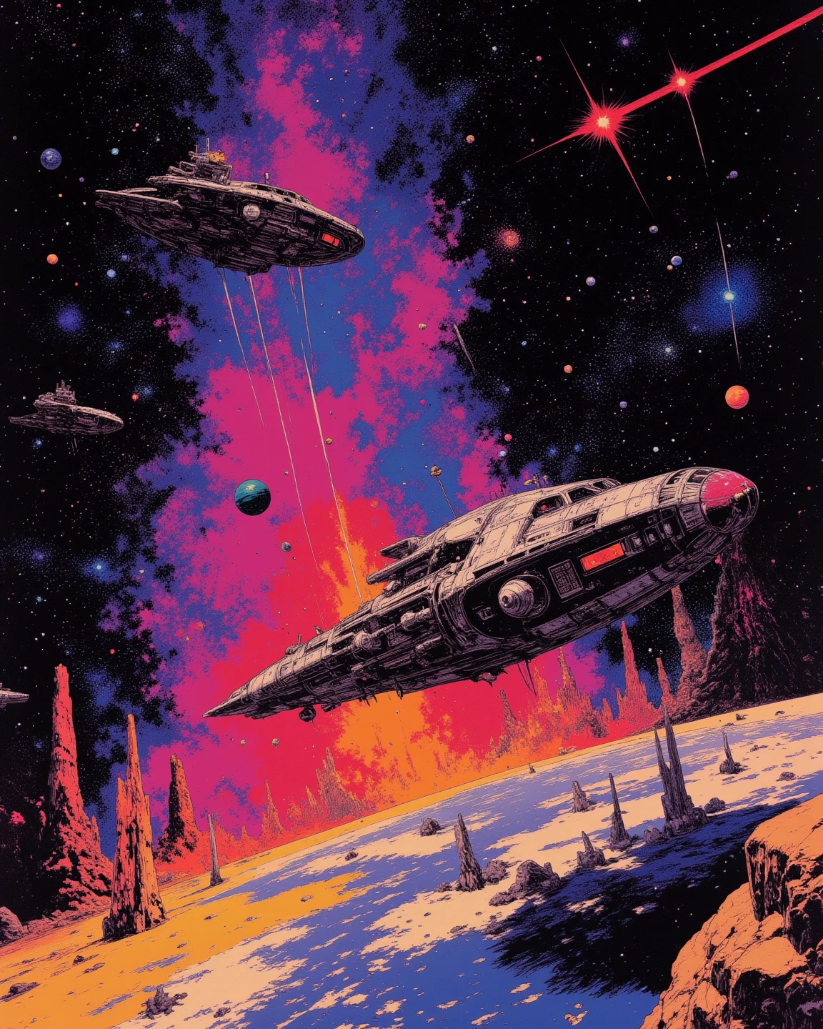 A space colony flying over a planet with universe, sci - fi art, Fascinating colorful universe, Shining shooting star, 
in style by Josan Gonzales, ink splashes, Iridescent Ink Flow In universe, by Peter Elson, in peter elson color scheme, roger dean art, in style by tim white art.  
Comic book style, ff-fbs