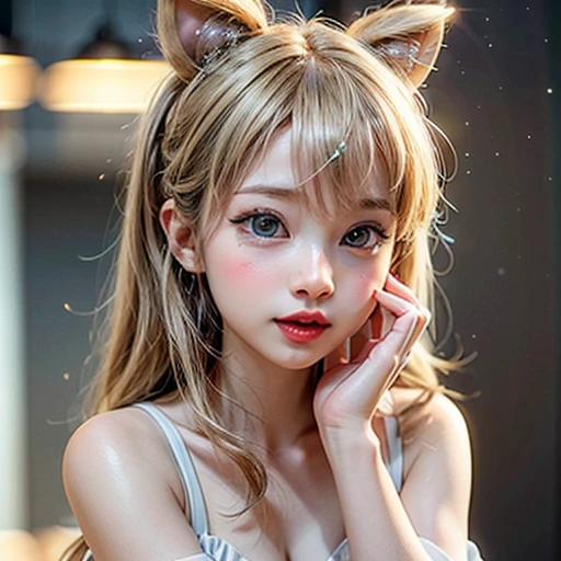 NSFW, 8k, High-level, absurd, masterpiece, best quality, primitive, very detailed CG, very detailed wallpaper, perfect lighting, Extremely detailed (((The personifying " Farrah Fawcett Majors " as a Little Girl))), MysticSight, Tyndall effect, Tyndall scattering, Studio gray background with (many Dazzling RainbowColor particles BokeH:1.28), (RoundlyButts, ThighGap), (Exposed:0.4), (Assfocus with looking ahead), BREAK (NOGIZAKA face variations) Extremely Detailed very KAWAII face variations, perfect anatomy, Childish, captivating gaze, elaborate detailed Eyes with (sparkling highlights:1.28), long eyelashes、Glossy RED Lips with beautiful details, Coquettish tongue, Rosy cheeks, Radiant PearlSkin with clear transparency . { (Dynamic LifeLike expressions:1.4) | :d) }, (large eyes:-1) .