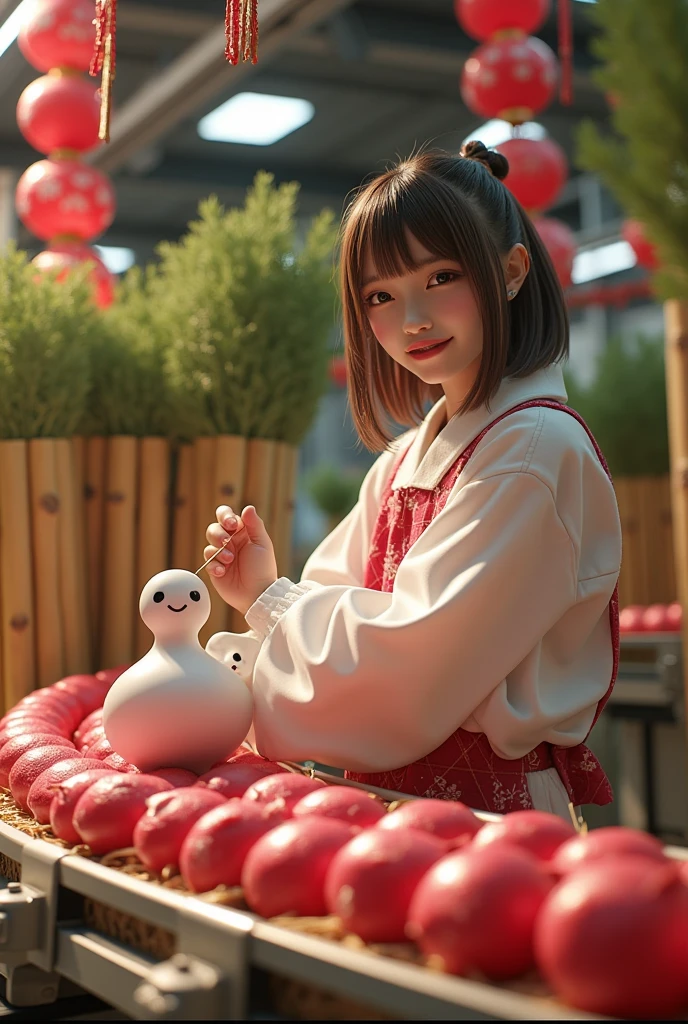 ultra-realistic , photorealistic, dramatic scene , shadow, Global Illumination, Alone, a very beautiful Japanese woman with her upper half tied , SHE'S A HIGH SCHOOL , she works part time at the factory , Very beautiful、 a very cute but masculine and cool face , wearing a high school sailor uniform , she works in a factory , She is decorating a cute radish character Statue that is being carried on a conveyor belt, Many identical Statue are being carried on a conveyor belt in an orderly fashion, Statue\( Japanese New Year decorations placed at the entrance of the house , cute white daikon radish character, Smiling Pretty Face , white, medium long , straight body , chubby, At the center、 3 very thick bamboo stalks of different heights are placed upright and arranged 、 surrounded by pine branches 、 fixed with straw rather \), The factory is richly decorated with bamboo and festive New Year decorations , Shoot from the side