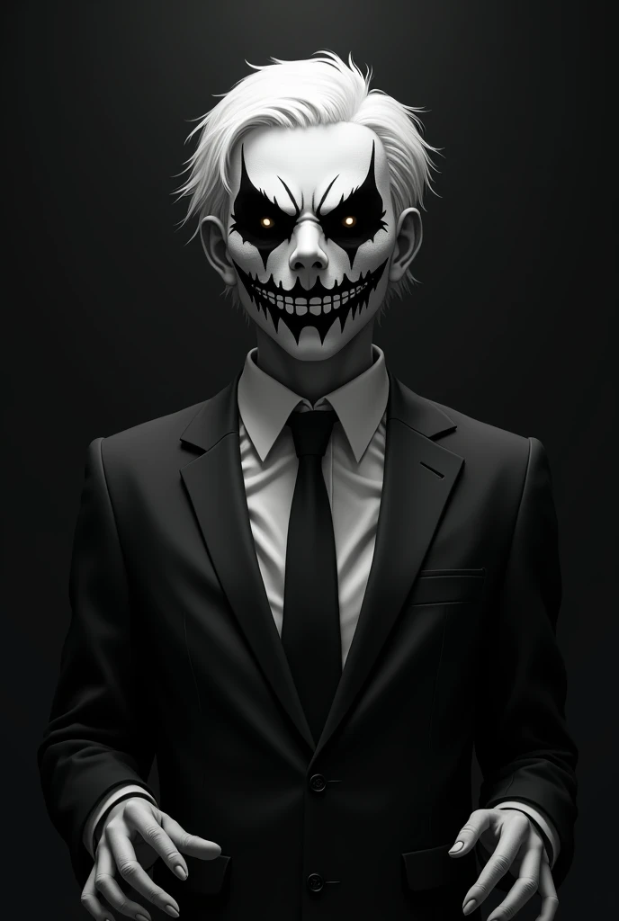 Make a short-haired, white-haired human character , He wears a suit and wears a black and white mask with a ghoulish smile