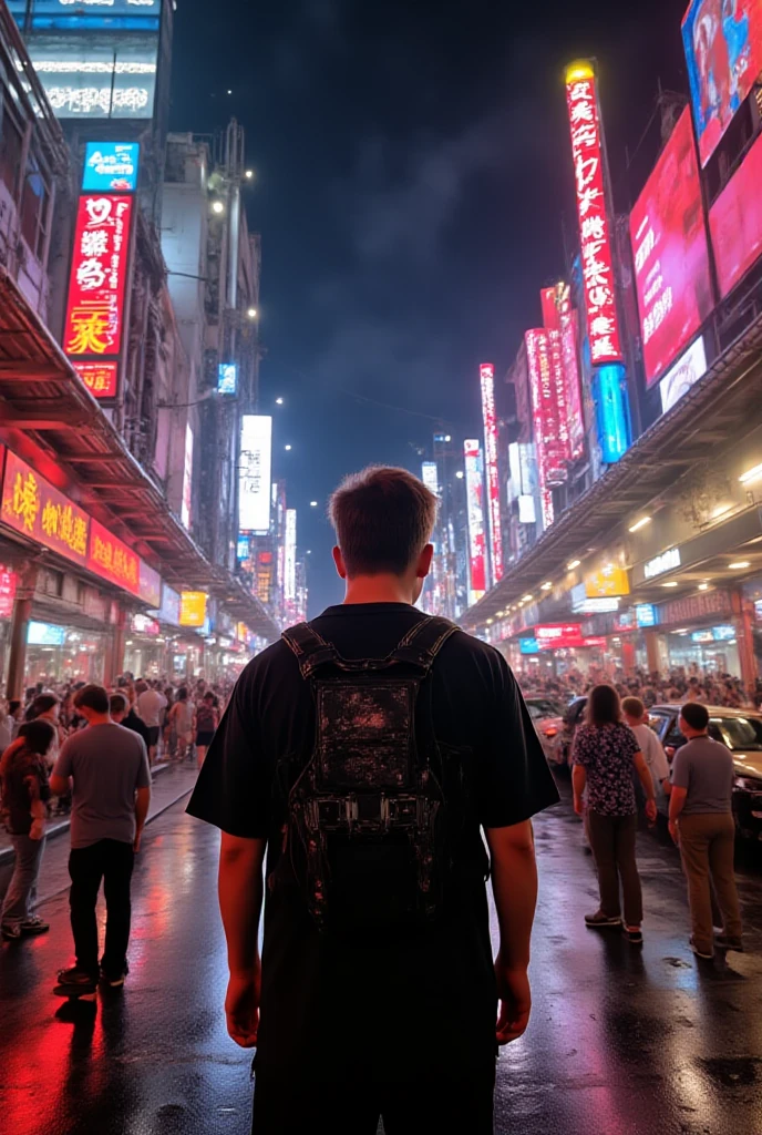 night, neon light, (taipei downtown scenery), (rapper squat in edg90hh cloth), (dark silhouette from back, from behind), (city rooftop),  (city skyline), (cinematic), (album cover)

