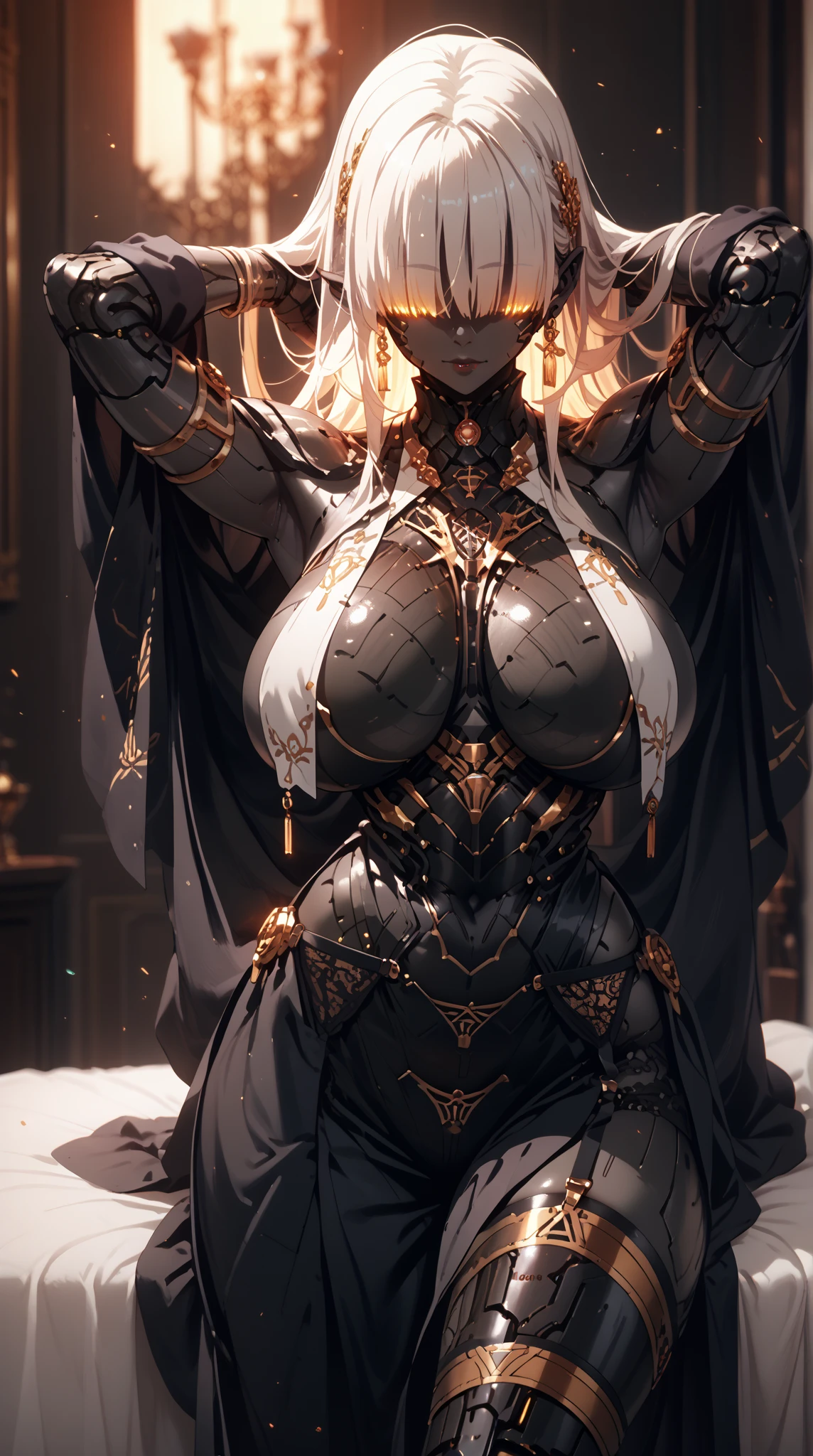 1 humanoid,faceless,no eyes,huge breasts,perfect body,glowing eyes,black metallic skin,gold trimed,hands behind bed,armpit,sexy,garter belt