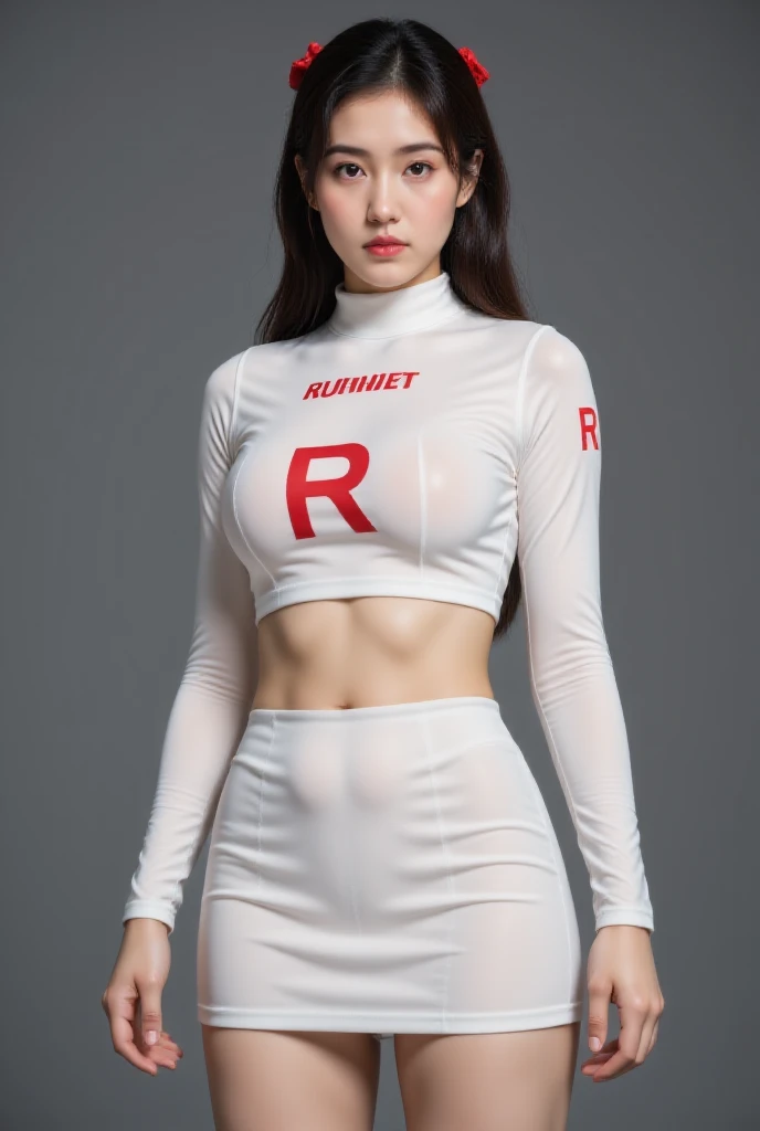 (best quality), high resolution, portrait of Asuka Langley Soryu, Beautiful Pretty Mixed German Teenage, (Beautiful face), lips, alluring gaze, Red Jacket Suit, White T Shirt, Long Red Pants, Red High Heels, Auburn Twin Tails Ribbon Red Long Hair, (front view:1.5),(establish shot:1.2),(looking at viewer), intense gaze, dark blue detailed beautiful eyes, (dynamic modeling pose), combine realism and anime influence, White Studio Background, High Fashion Photography