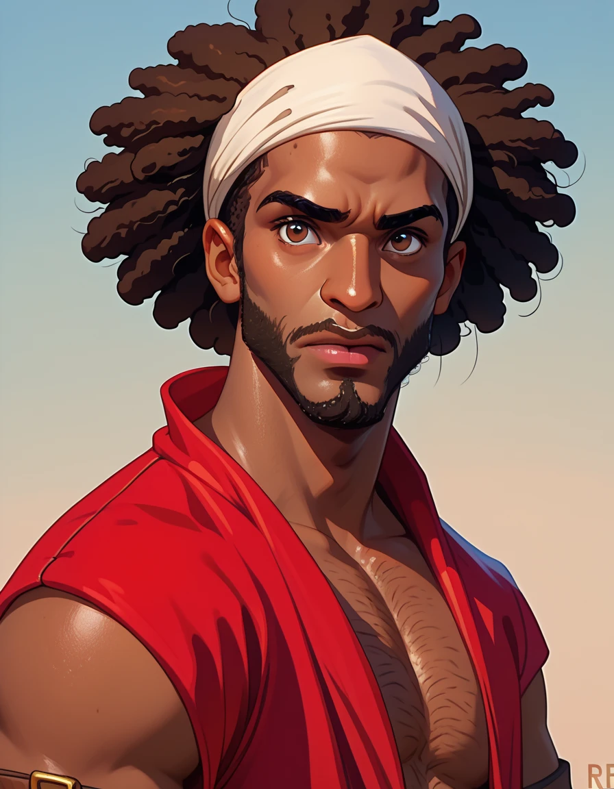 portrait,   cartoon of a pirate,40 years,  an Afro man , dark skin,  HEAD SCARF, Goatee look fierce ,  brown eyes ,   half body, detailed,rude
