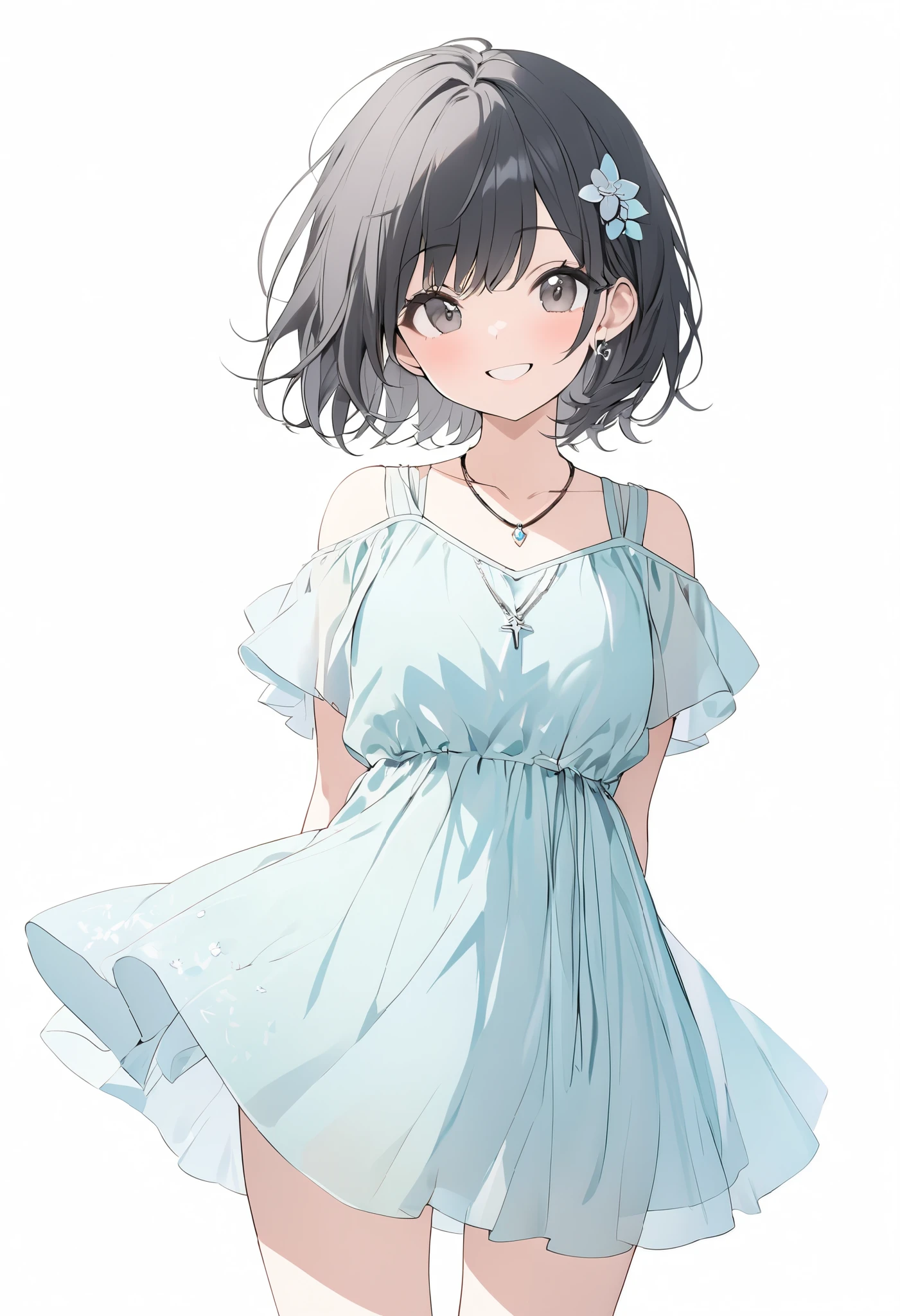 {{masterpiece、 Attention to Details , perfect eyes}}、((White background,from front,  cowboy shot))、18 years old、 One Girl 、 black hair、pixie cut、big black eyes、(light blue short sleeve chiffon dress、small simple hair ornament、pendant)happy, smile、arms behind back