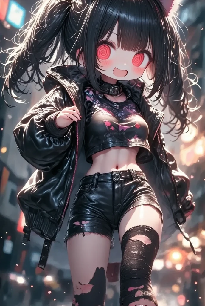 masterpiece, solo, girl\(cute, kawaii, *********,evil smile,black hair,long hair,twin tails hair,pale skin, skin color blue, red eyes, eyes shining,big eyes,breast,punk fashion,ripped clothes,tight tube top,tight hot pants,stomach shown,ripped black short jacket,fluffy black cat-ear,dynamic pose,spiral eyes,bang\),detailed illustration, long eyelashes, best quality, sunny ,dramatic portrait, country road, narure, bright image,cinematic lighting, bokeh , blurry background, backlit, film camera effect, kawaii anime, intricate artwork, beautiful composition, lens flare, realistic anime background, hdr, 16k, ultra aesthetic illustration,
