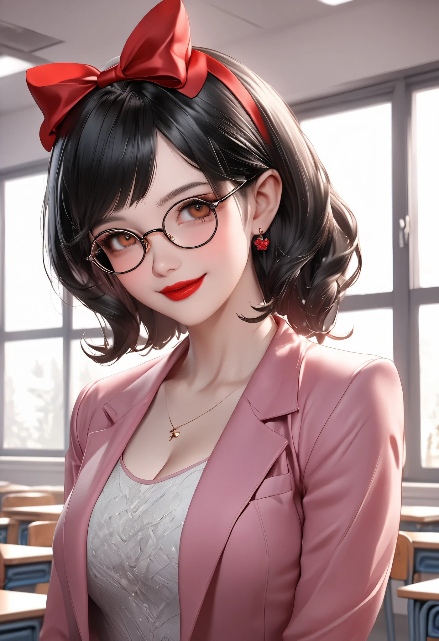 8k,masterpiece, CGSTATION, hyper CGI style, arte extremadamente detallado de artgerm, photorealistic chica anime render, 8k anime drawing style, best quality, 3D rendering, INTRICATE, Cute Girl, hyper detailed, medium bust, 27 years old, a woman, sensual smile, red lips, super detailed skin, super beautiful eyes, Princess Snow White, snowwhiite, is standing in front of the viewer, brown eyes,front,perfect nose, she is a teacher, setting: classroom, Around her there are accessories that a teacher uses, she wears glasses, She is wearing a short pink blazer, she is wearing a white A-line skirt, black footwear pump, book under the arm, She is an teacher giving classes, She wears a large bright red bow that adorns her short black hair,