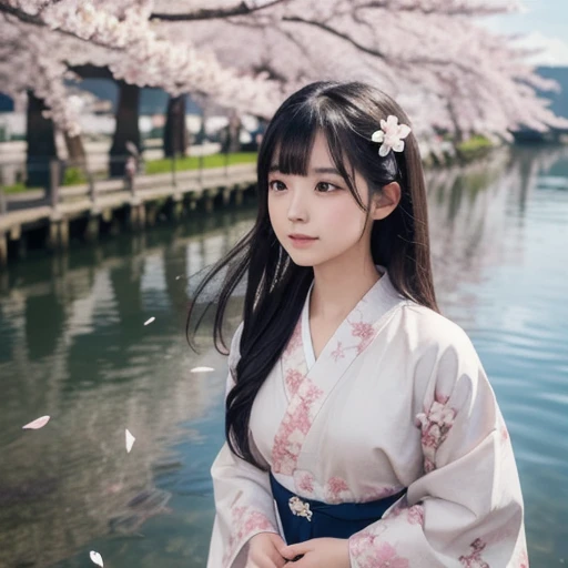  One Girl , black hair, Floating Hair, Seaside,scenery,landscape,cherry blossoms, Falling petals, Sunbeam,god rays, upper body,  range, dress, kimono