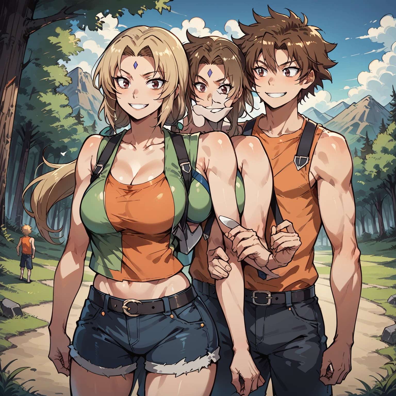 score_9, score_8_up, score_7_up, score_6_up, BREAK, (boy and girl: 1.2), 2 people, torso, BREAK, (boy: yagami taichi, brown hair, brown eyes, orange shirt), BREAK,
(girl: Tsunade, blonde hair, sleeveless top, green top, belt, black jean shorts), BREAK,
tight outfit, abs, toned, muscles, sexy smile, breast implants, fake tits, cleavage, bursting breasts, skindentation, 
sexy pose, mountains and forest background,