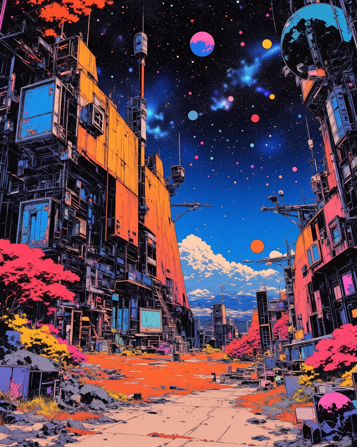 A space colony with universe, sci - fi art, Fascinating colorful universe, Shining shooting star, 
in style by Josan Gonzales, ink splashes, Iridescent Ink Flow In universe, by Peter Elson, in peter elson color scheme, roger dean art, in style by tim white art.  
ff-fbs