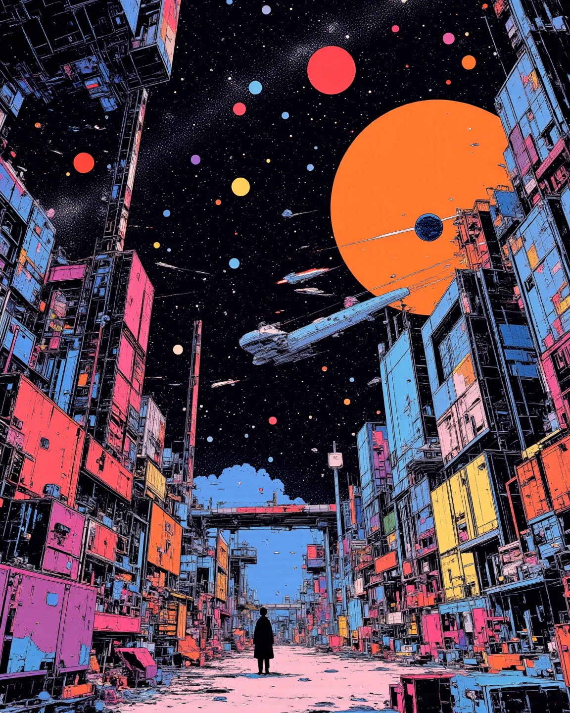 A space colony with universe, sci - fi art, Fascinating colorful universe, Shining shooting star, 
in style by Josan Gonzales, ink splashes, Iridescent Ink Flow In universe, by Peter Elson, in peter elson color scheme, roger dean art, in style by tim white art.  
ff-fbs