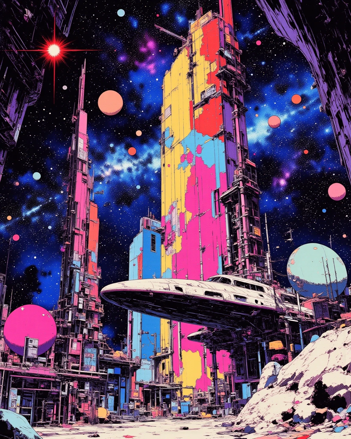 A space colony with universe, sci - fi art, Fascinating colorful universe, Shining shooting star, 
in style by Josan Gonzales, ink splashes, Iridescent Ink Flow In universe, by Peter Elson, in peter elson color scheme, roger dean art, in style by tim white art.  
ff-fbs