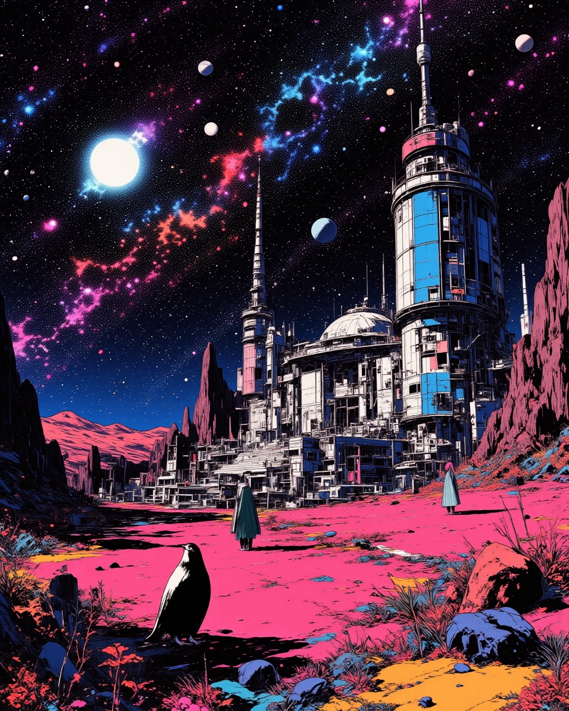 A space colony with universe, sci - fi art, Fascinating colorful universe, Shining shooting star, 
in style by Josan Gonzales, ink splashes, Iridescent Ink Flow In universe, by Peter Elson, in peter elson color scheme, roger dean art, in style by tim white art.  
ff-fbs