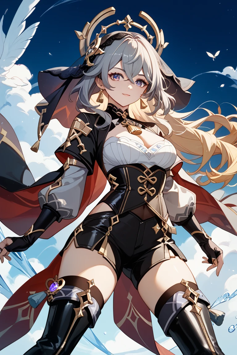 masterpiece, best quality, absurdres, 1girl, standing, hero_nia, mini dress, two-tone dress, black legwear, pantyhose, sword <lora:nia_xenoblade:1>