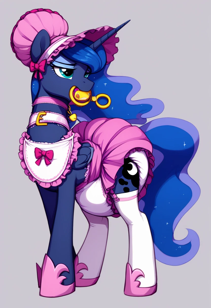 alicorn pony alone , adult mare, Princess Luna 18 +, , the mane is gathered in a dark pink bonnet , purple eyes , stands on four hooves , wide open back hooves , dressed in an ornate light purple and dark purple dress with ruffles and ruffles and a short skirt, around the neck, a white bib with gold trim on the edges with pink lettering in the middle : x} “stupid guilty filly” , purple steel collar with a bell with a sad sun tag under the bib, white stockings and pink booties over hoof socks , big golden pacifier gag in mouth with straps , thick under clothes, pink plastic over a , solo, simple background
