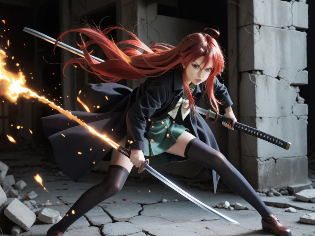 1 girl, cowboy shot, rubble ruins,a little anger, (battle preparation:1.2), open your mouth, (night:1.2), explosive inflammation,shana, red eyes, redhead, very long hair, hair between eyes, (Ahoge:1.1), explosive flame,abandoned building,rubble serafuku, green skirt, Thighhighs,long Japanese sword wrapped in flames..,highest quality, masterpiece, High resolution, black long coat,
shana, red eyes, red hair, very long hair,  score_9, score_8_up, score_7_up, source_anime, Swing a japannse sword with both hands ,(photo realistic:1.4),(realistic skin:1.4),photo realistic,Holding a Japanese sword with both hands,Battoujutsu,Put your hand on the pattern of a
 Japanese sword,A giant Japanese sword with a black handle,Sparks dance in the dark,Burning Sky , a long Japanese sword with black handle,(holding (katana sword:1.2)), (blade shimmering), Late Night,Japanese sword without scabbard,Point the blade upwards,Turn the tip of the cut to your back