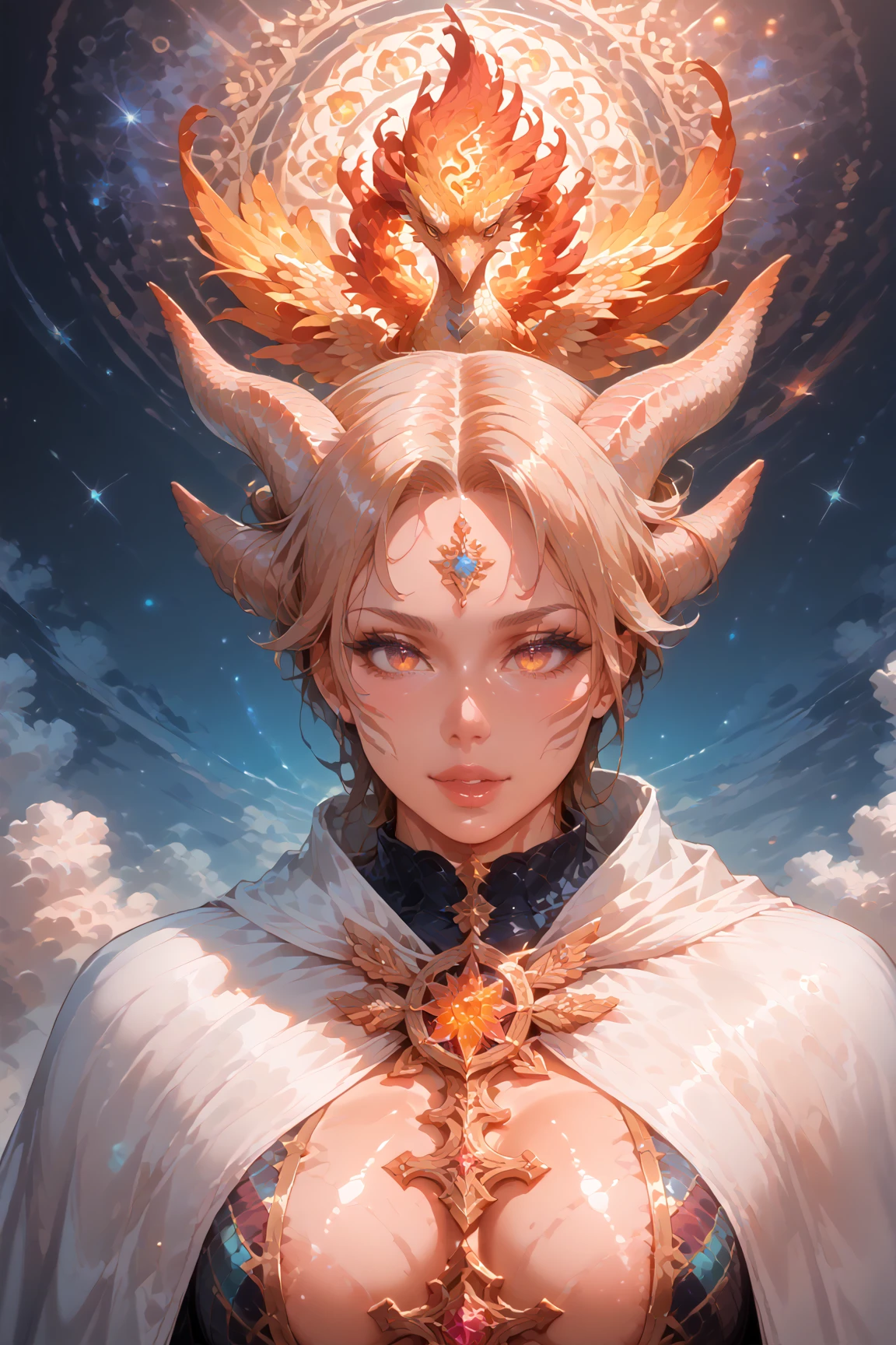 (Masterpiece,  top quality,  top quality,  Official Art, Beautiful and aesthetic:1.2), ( One Girl ), Extremely detailed eyes, ( fractal art:1.3),  colorful ,  Best Details , ( Perfect Face),  Shiny Skin,  high definition, (white cloak with gold lines :1.2), galaxy, (Streaks of light), striking visuals, ( dynamic stripes , Shining Trail:1.2),  bright color, ( Phoenix), ( dragon ) anatomically accurate composition , anatomically accurate hands , Anatomically Accurate Legs ,