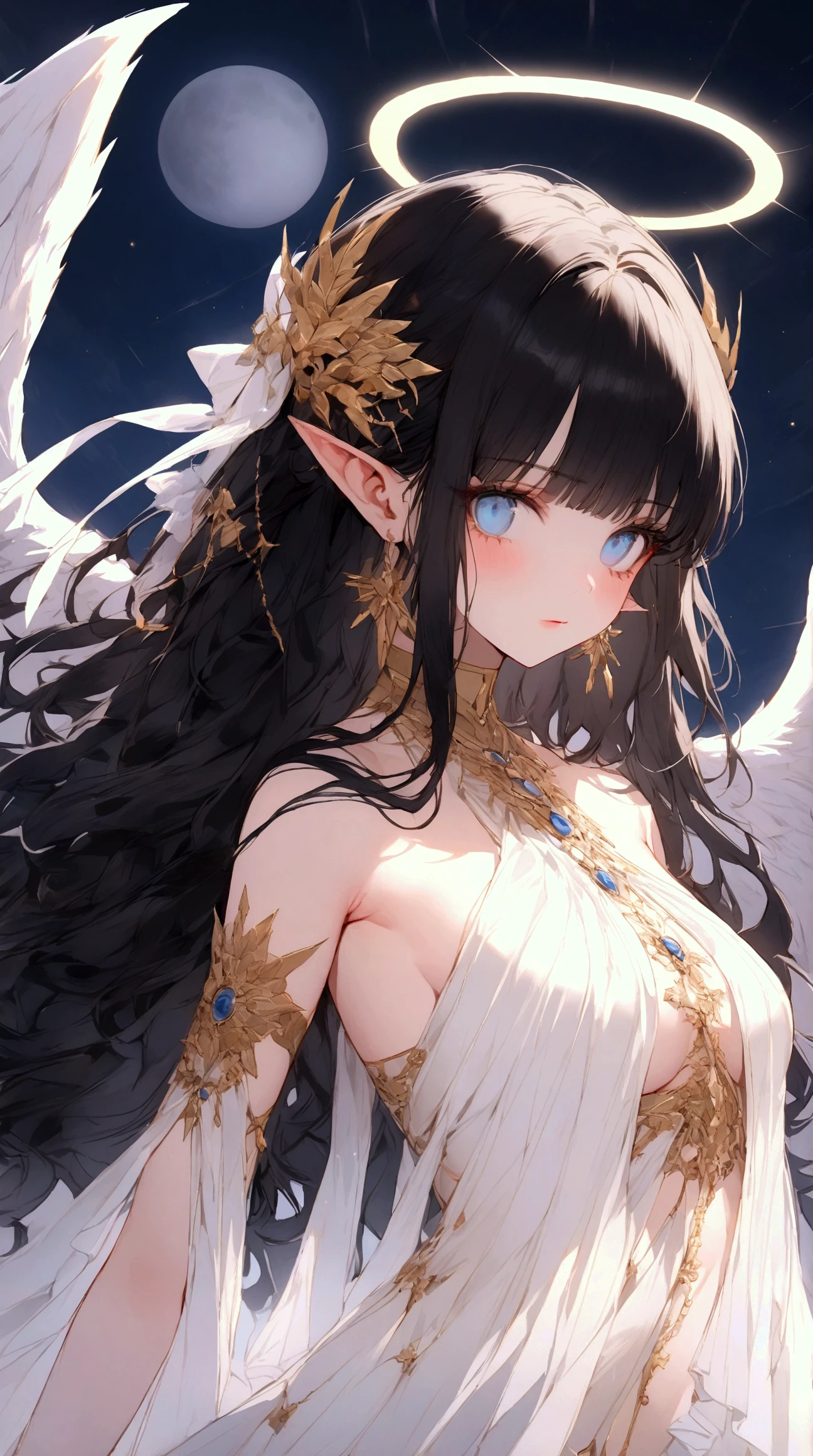 Goddess of Night, have a powerful Moon bow, dark angel, black long hair, has a perfect Body, sky blue eyes, shines like a Moon, 1girl, Solo, Bangs, sky & moon background, Anatomically Correct, Accurate, Detail, Tsundere, glowing halo like a moon