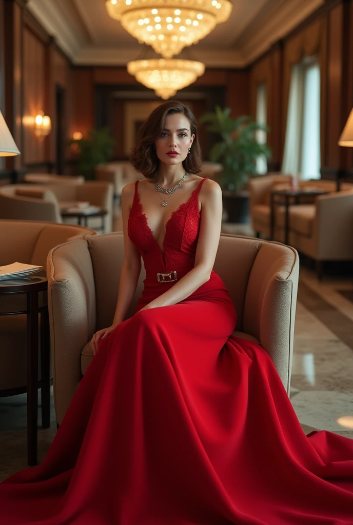 (Sonata Fletcher) Sitting on a fancy red chair, looking directly at the camera, wearing a red long dress, face with artgram, subtle makeup, stunning full body shot, piercing green eyes, beautiful angle, attractive pose, cute girl, sexy pose, full body picture, full body, full body shoot, brunette goddess, high detail, satisfied pose