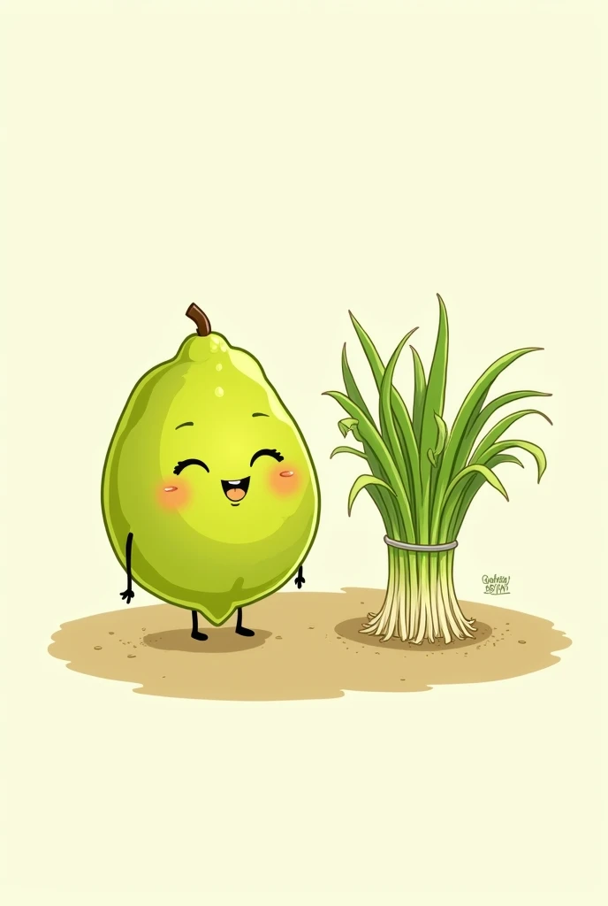 Cartoon drawing of green lemon and lemongrass side by side.