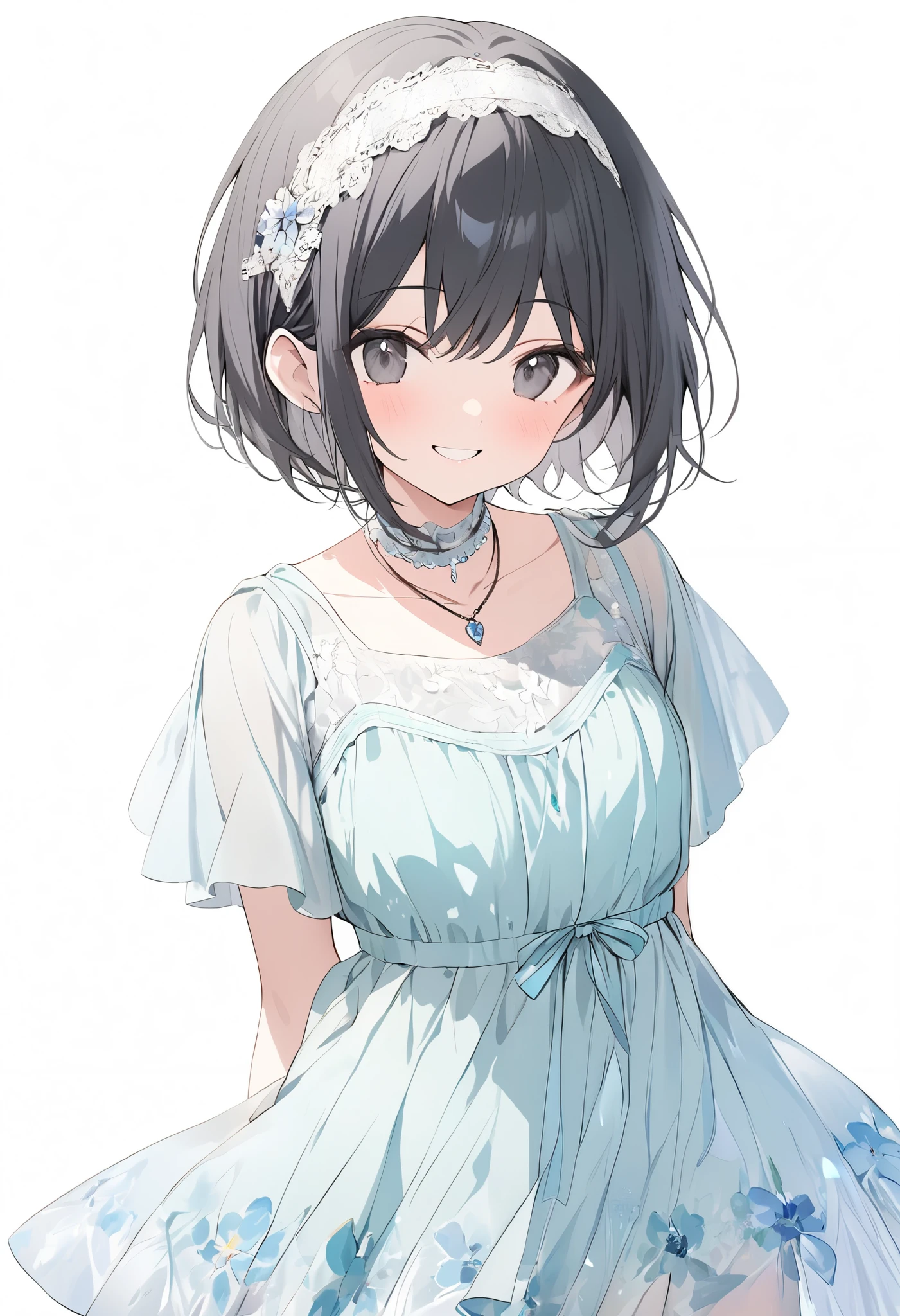 {{masterpiece、 Attention to Details , perfect eyes}}、((White background,from front,  cowboy shot))、18 years old、 One Girl 、 black hair、pixie cut、big black eyes、(light blue short sleeve chiffon dress、 floral dress 、 lace headband 、pendant)happy, smile、arms behind back