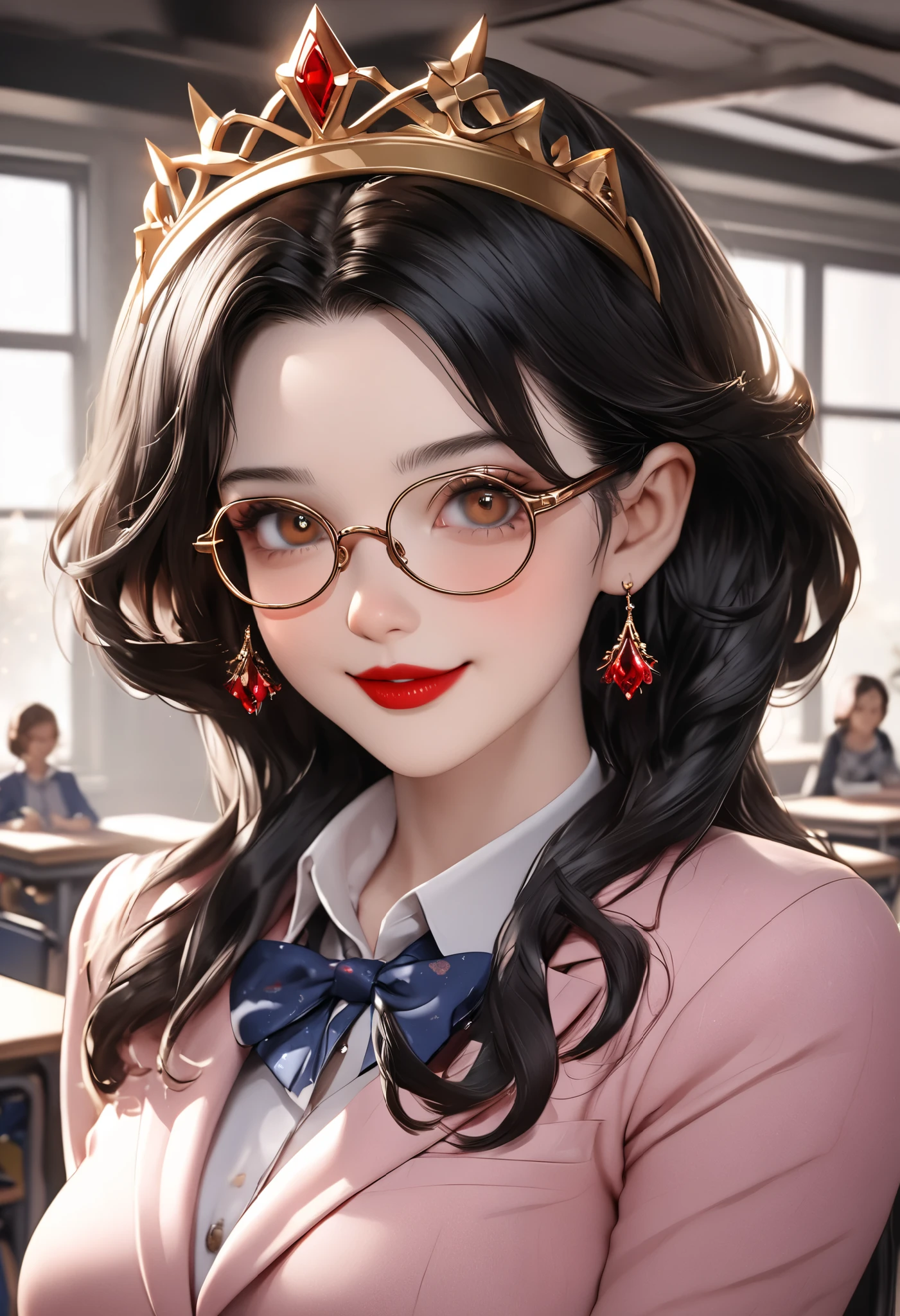 8k,masterpiece, CGSTATION, hyper CGI style, arte extremadamente detallado de artgerm, photorealistic chica anime render, 8k anime drawing style, best quality, 3D rendering, INTRICATE, Cute Girl, hyper detailed, medium bust, 27 years old, a woman, sensual smile, red lips, super detailed skin, super beautiful eyes, Princess Snow White, snowwhiite, is standing in front of the viewer, brown eyes,front,perfect nose, she is a teacher, setting: classroom, Around her there are accessories that a teacher uses, she wears glasses, She is wearing a short pink blazer, she is wearing a white A-line skirt, black footwear pump, book under the arm, She is an teacher giving classes, She wears a large bright red bow that adorns her short black hair,she wears a golden tiara with 3 rubies in the center,